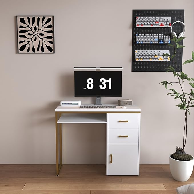 White Computer Desk Corner Desks Gaming Desk PC Table for Home Office Dorm Sturdy Writing Workstation Office Desk Home Office Desks with Cabinet for Small Space Study Writing Table PC Desks