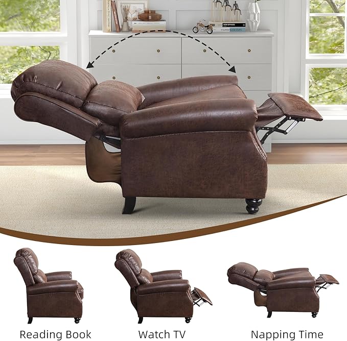 Push Back Recliner Chair Faux Leather Lounge Armchair with Rivet Decoration Wingback Single Sofa Chair with Padded Seat Solid Wood Legs for Living Room Comfy Upholstered Set of 2 Red Brown