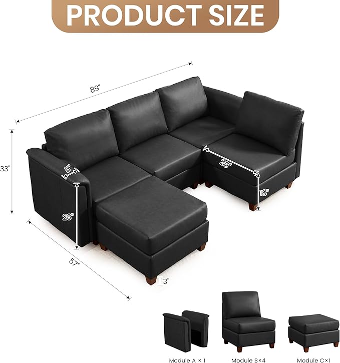 U Shaped Modular Sectional Sofa Cloud Couch with Storage Faux Leather Sectional Couch for Living Room Furniture Apartment(5 Seats Black)