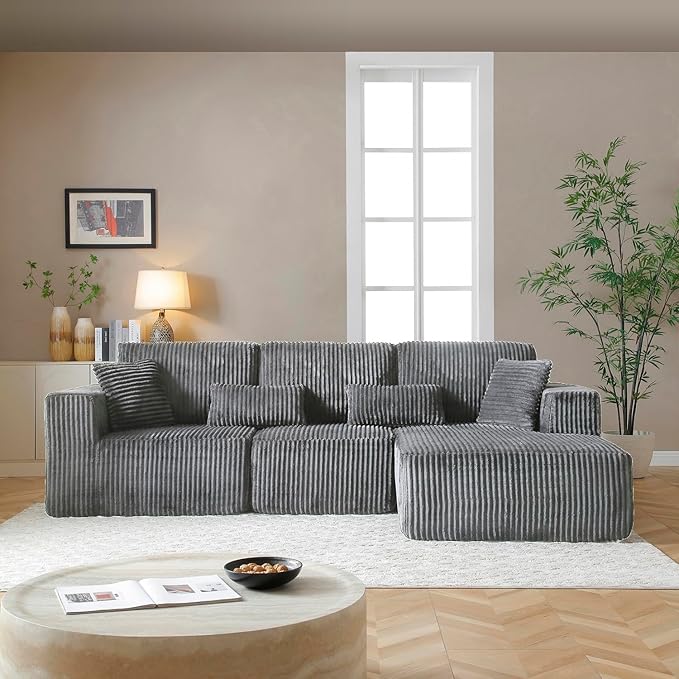 110 Cloud Sectional Couch Modular Sectional Sofa with Deep Seat Corduroy Upholstered Boneless Couch for Living Room Bedroom Left Facing Chaise (Grey 110 Right Facing Chaise)