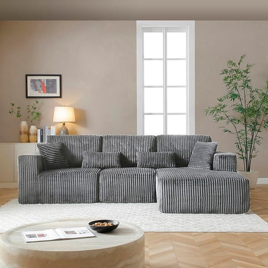 110 Cloud Sectional Couch Modular Sectional Sofa with Deep Seat Corduroy Upholstered Boneless Couch for Living Room Bedroom Left Facing Chaise (Grey 110 Right Facing Chaise)