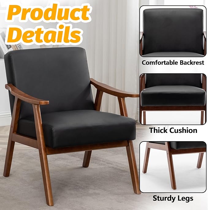 Mid Century Modern Accent Chair Upholstered Armchair Comfy with Wood Legs Siting Chair with Soft Cushion PU Leather Side Chairs for Living Room Bedroom Office (PU Leather Black)