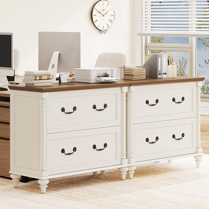 Farmhouse Lateral File Cabinet 2 Drawers File Cabinet for Legal/Letter/A4 Size Hanging Files Large Wood File Storage Cabinets Printer Stand for Home Office Cabinet White
