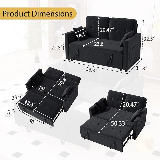 Black Convertible Sofa Bed: 3 in 1 Sleeper Sofa Couch Bed Pull Out Couch with Adjustable Backrest Velvet Convertible Loveseat Sleeper for Living Room
