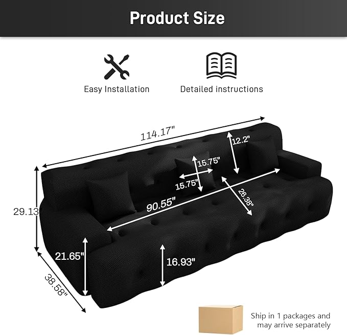 OUYESSIR 114 Boneless CouchCloud Couch3D Mesh Fabric Comfy Sofa3 Seater Modern Curved Sofa for Living RoomBedroom and ApartmentNo Assembly RequiredBlack