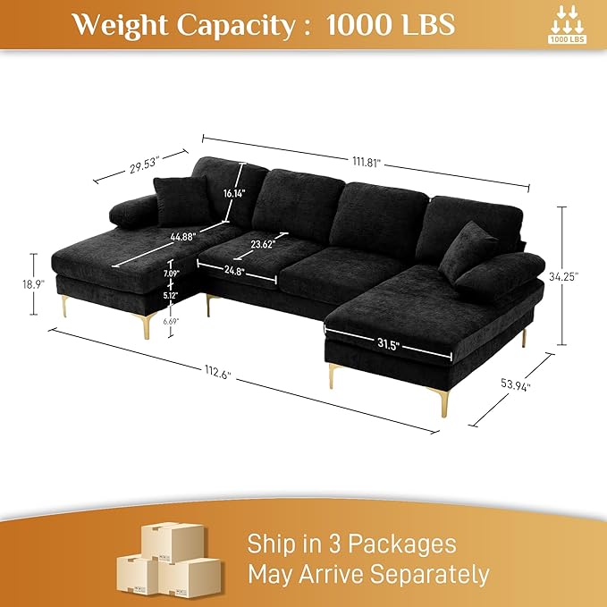 OUYESSIR 112 Cloud Sectional Sofa with Extra Deep SeatU Shaped Sectional Couches for Living Room4 Seater Chenille Sofas &amp CouchesModern Apartment Couch with Double Chaise Lounge Black