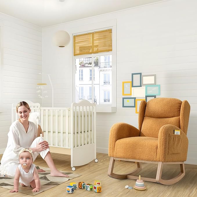 Rocking Glider Chair for Nursery Wingback Teddy Accent Rocker Chair Upholstered Tall Back Arm Chair w/Side Pockets Modern Leisure Single Sofa for Living Room Hotel Bedroom Baby Room Khaki