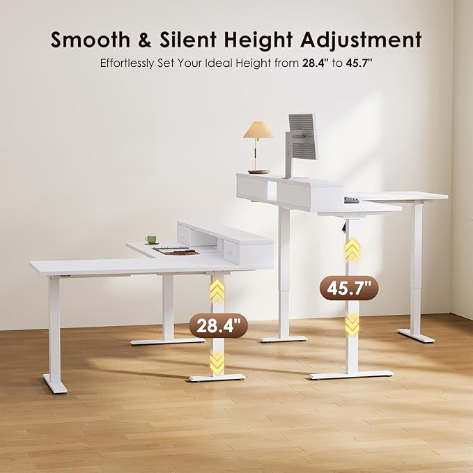 Casaottima 59 Inch Electric L-Shaped Standing Desk with Drawers Height Adjustable Stand Up Corner Desk with Monitor Stand Lift Table for Home Office Workstation White