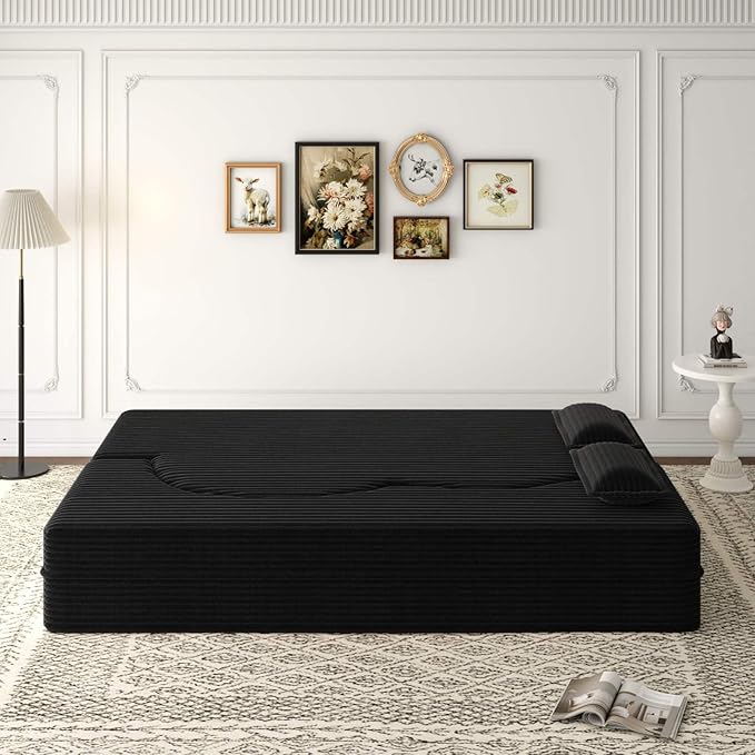 Modern 2-in-1 Convertible Sofa Bed 78 Full Size Corduroy Floor Sofa with 2 Pillows Folding Mattress Sleeper for Living Room &amp Guest Room No Assembly Required