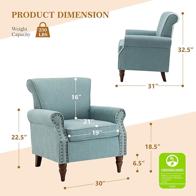 Modern Upholstered Accent Chair with Wood Legs Wingback Armchair with Removable Cushion Comfy Nailhead Trim Lounge Chair Single Sofa Reading Chairs for Living Room Bedroom