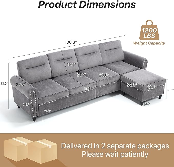 Westice 106 Modular Sectional Sofa with Movable Ottoman Deep-Seat L-Shaped Couch 4-Seater Modern Sofa for Living Room Bedroom or Apartment Gray