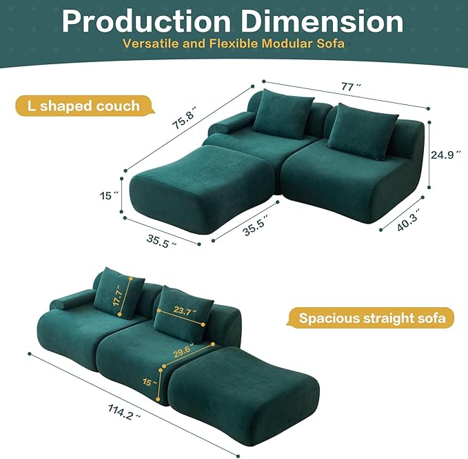 UKMTUET 114 Couches for Living Room Modular Sectional Sofa with L Shaped Chaise Sectional Couches with Convertible Ottoman Deep Seat Sleeper Sofa Boneless Couch for Bedroom Office