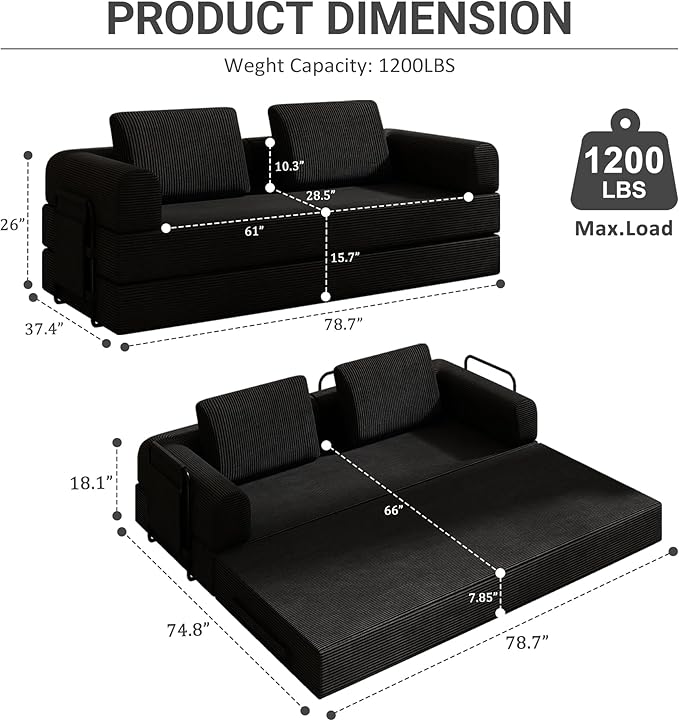 Convertible Sofa Bed 5-in-1 Pull-Out Futon Boneless Couch for Living Room &amp Guest Room Corduroy Sleeper Sofa with Steel Support Brackets 78.7 3-Seater with 2 Pillows (Black)