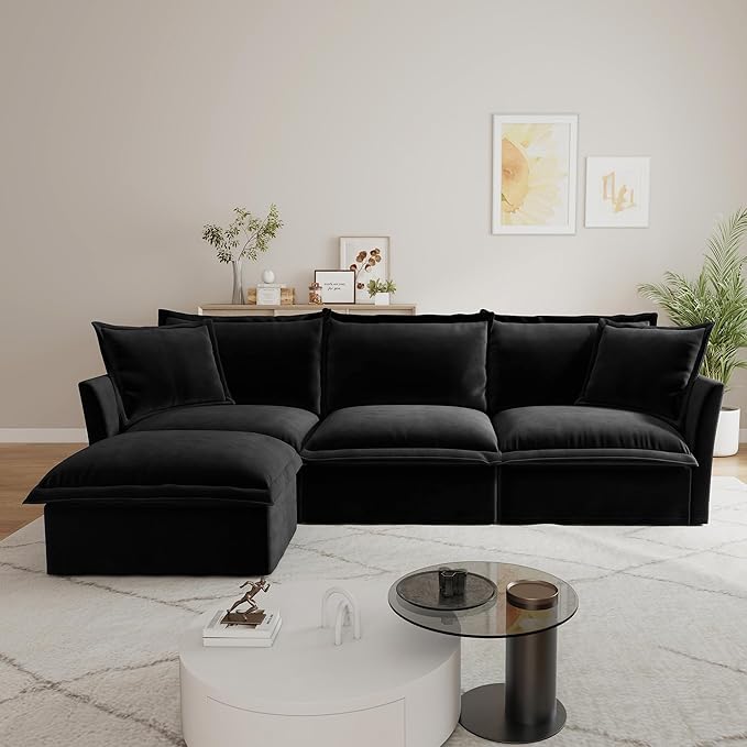 120 Inch 3-Seater Oversized Sectional Sofa with 1 Ottoman - Wide Deep Seat Removable Washable Chenille Fabric for Living RoomBlack
