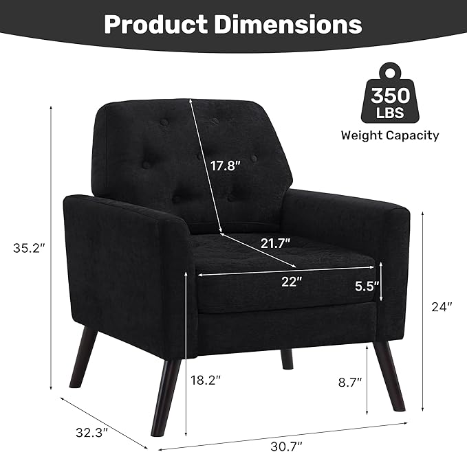 Accent Chair Set of 2 Mid Century Modern Living Room Chairs Upholstered Armchair with Tufted Back &amp Wood Legs Single Sofa Reading Side Chair for Bedroom Office Waiting Room Black