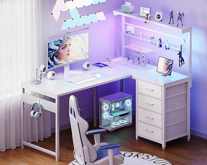 MOTPK 43” L Shaped Gaming Desk for Small Rooms Compact Corner Computer Table with Shelf &amp Hutch 4 Drawers Reversible Study Table with LED Light Power Outlets &amp USB Ports Home Office Table