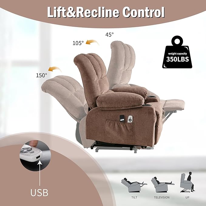 Power Lift Chaise LoungeModern Comfortable Massage Chair with HeatMulti Functional Reading Chair with Side Storage Pockets for for Living RoomBedroomStudyBrown.