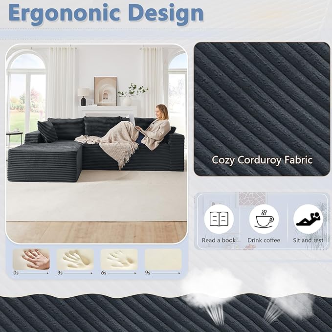 103 L-Shape Cloud Couch with Chaise Upholstered Corduroy Modular Sectional Sofa Deep Seat Couch with Free Combination for Living Room &amp ApartmentNo Assembly Required(Dark GreyLeft Facing Chai