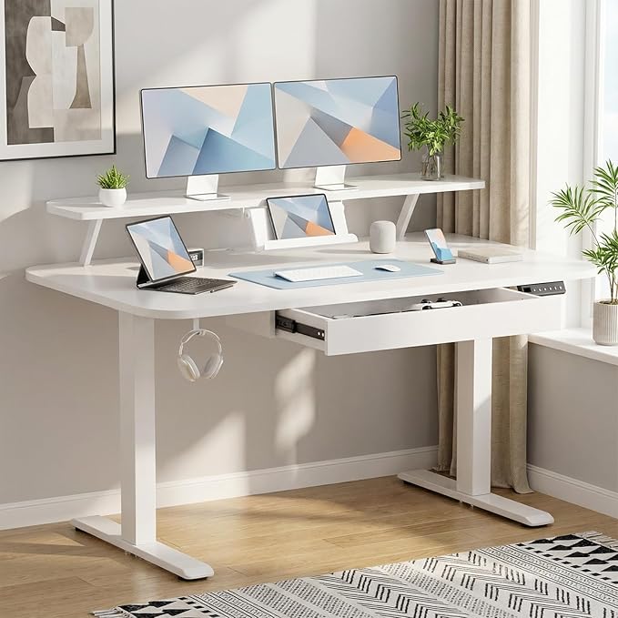 GTPLAYER Electric Standing Desk with Drawers 48 x 24 Inches Height Adjustable Computer Desk with Monitor Stand Laptop Stand Sit Stand up Desk with Memory Preset for Home Office Ivory White