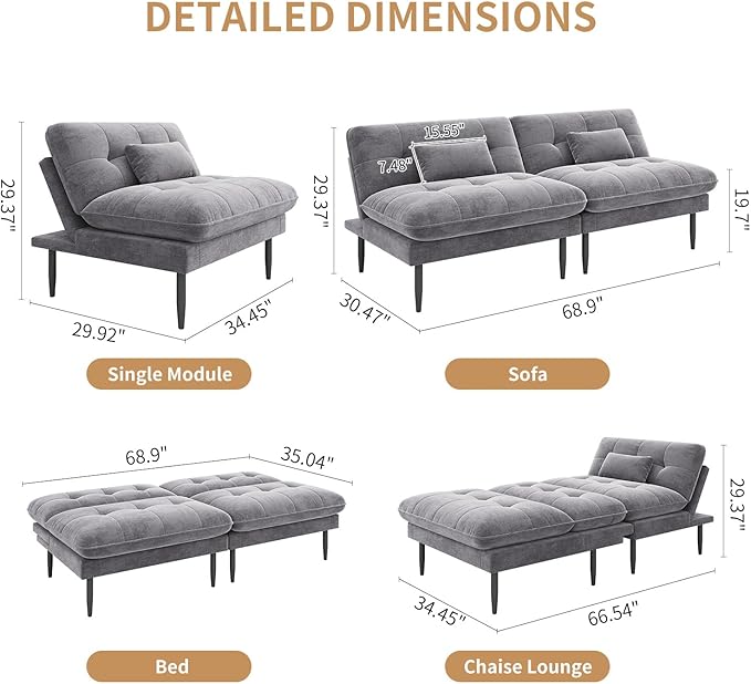Single Supplementary Unit of The Convertible Module can be Matched with 70 inch Convertible Futon Sofa Bed Used for DIY a Larger Sofa. Grey