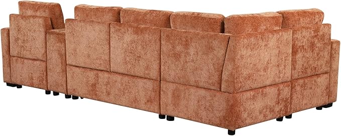 120.5 Chenille Fabric Modular Sectional Sofa Reversible Sleeper with Pull-Out Bed L-Shaped Convertible Sofa Bed with Cup Holders and Ample Storage Space for Living Room (Orange-11.21)