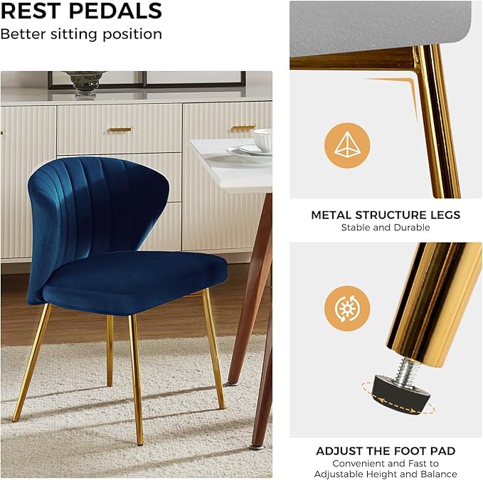 HULALA HOME Dining Chairs Set of 2 Velvet Upholstered Kitchen &amp Dining Room Chairs with Metal Legs Vanity Chair Armless Side Chairs for Living Room Bedroom Restaurant Channel Curved Backrest Nav