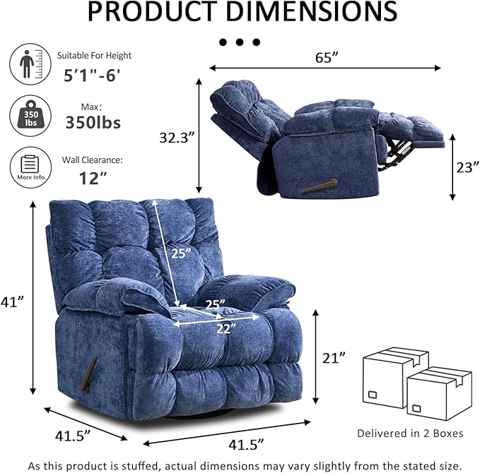 Oversized Rocker Recliner Chair for AdultsOverstuffed 360° Swivel Rocking Recliner Extra Wide Breathable Fabric Manual Reclining Single Sofa for Living Room (Blue)