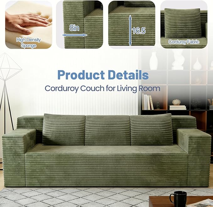 Boneless Couches for Living Room 71 Modern 3 Seater Sofa with Deep Seat Comfy Cloud Sofa with Corduroy Fabric No Assembly Couch Couches for Bedroom Dorm Apartment (Green)