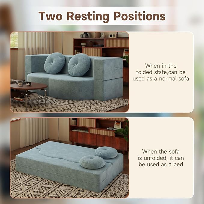 2-in-1 Full Size Convertible Floor Sleeper Couch Sofa Bed78”Folding Boneless Large Futon Loveseat Sofa with 2 Pillows Foam-Filled Compression Guest Couches Bed for Living Room (Light Blue)