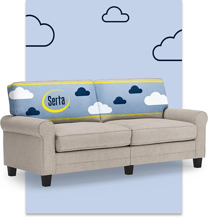 Serta Copenhagen 78 Rolled Arm Sofa Easy Care Polyester Soft Pillow Back Pocket Coil Seat Cushions Removable Covers Loveseat or Couch for Small Spaces Living Rooms or Bedrooms Light Gray