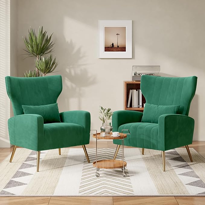 Velvet Accent Chair Wingback for Living Room High Back Arm Chair with Golden Legs Lumbar Pillow Upholstered Single Sofa Bedroom Green