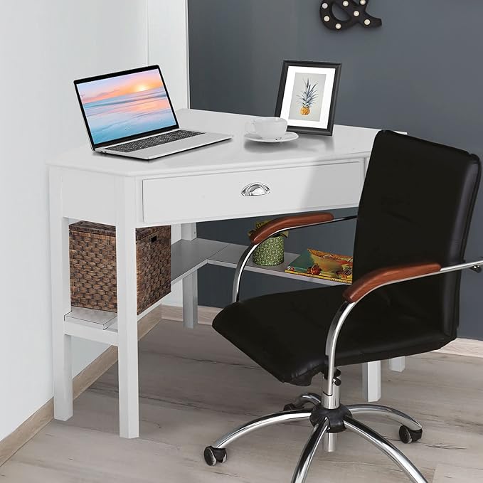 POWERSTONE Corner Desk with Drawer &amp Storage Shelves Small Triangle Writing Table Computer Desk Corner Vanity for Home Office Small Space White