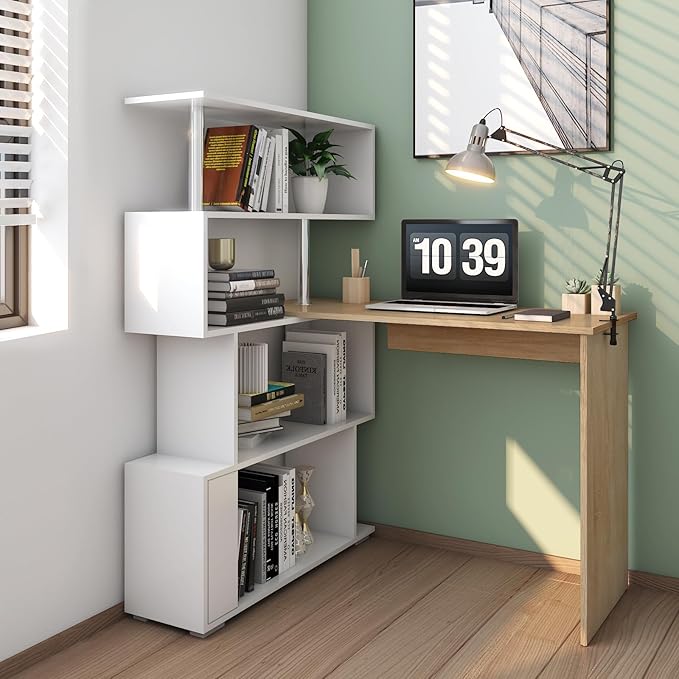 41.7 L Shaped Desk with 4-Tier Storage Shelves Computer Corner Desk for Study Home Office Living Room (Oak and White)