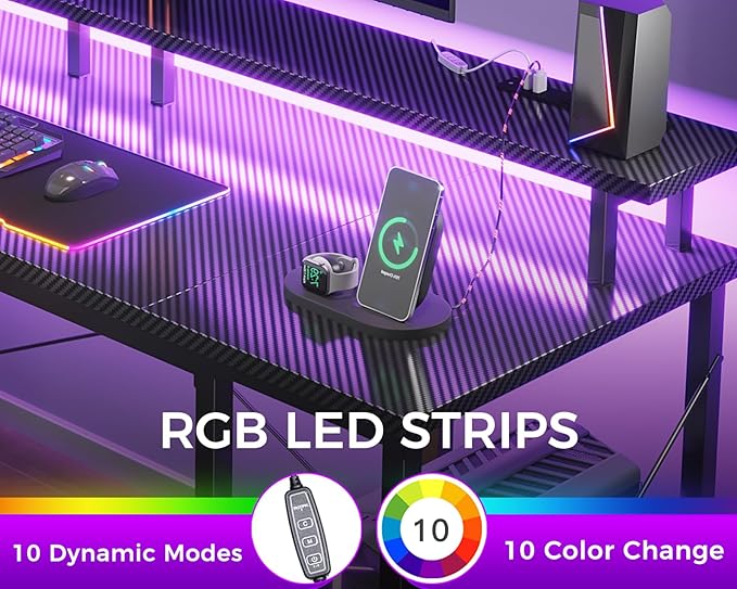 ODK 55 Inches Gaming Desk with LED Lights Computer Desk with Monitor Stand Pc Table with CPU Stand Carbon Fiber Black