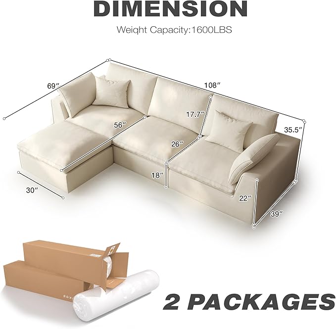 108 Modular Sectional Sofa with blanket4-Piece Boneless Couch Deep Seat Cloud Couch with Ottoman Removable Covers Soft Cushion Support High Back for Living Room/Apartment/Family Lounge Linen Beige