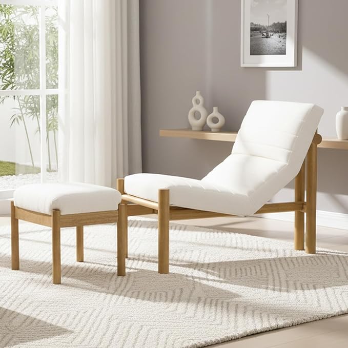 Accent Chair with Ottoman Living Room Chair Beige Linen Upholstered Lounge Chair with Footrest Set Modern Chair Cozy Reclining Chair for Reading Room Bedroom Beige