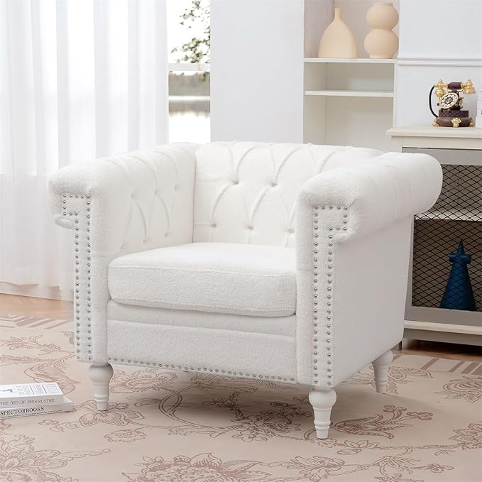 White Chesterfield Chair Upgrade Sherpa Accent Chair Chesterfield Upholstered Club Wingback Chair Button Tufted Sofa Chair for Living Room Bedroom Office