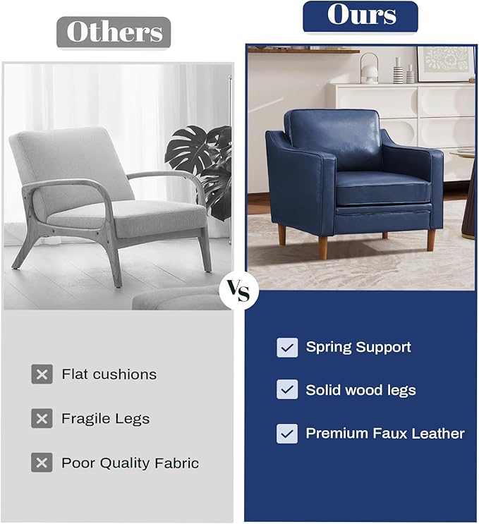 Kingfun Accent Chair Living Room Chairs Faux Leather Reading Armchair Mid Century with Solid Wood Foot Upholstered Modern Decor for Bedroom Apartment Royal Blue
