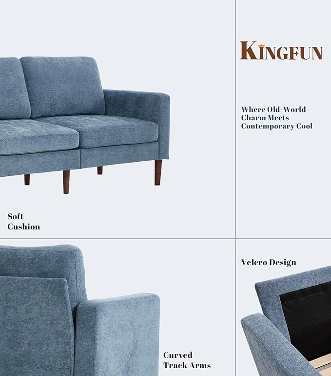 Kingfun 91.7 3 Seater Sofa with Chair Chenille Couch Mid Century Modern Couches with Solid Wood Legs for Living Room &amp Bedroom Light Blue