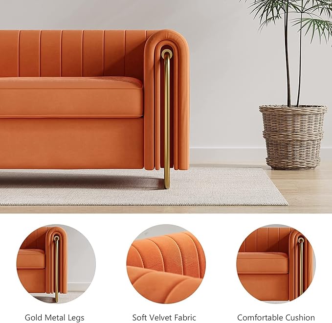 KEVINSPACE 84.25 Modern Sofa Couch Velvet Loveseat Sectional Sofa Couch with Gold Legs for 3-4 Persons Upholstered Deep Seat Love Seat Mid-Century Sofa for Living Room Office Apartment Orange