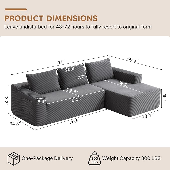 Rovibek 97” Couches for Living Room Modular Sectional Sofa with Chaise &amp Deep Seat Comfy Corduroy Boneless Couch No Assembly Required Grey