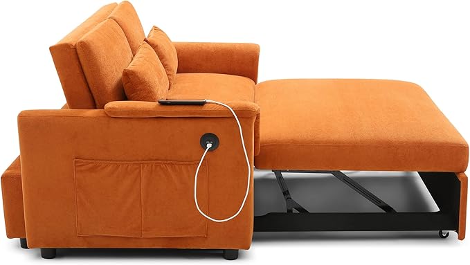 3 in 1 Convertible Sofa Bed with USB Ports - 55 Modern Velvet Sleeper Loveseat with Adjustable Backrest Pull-Out Bed 2 Pillows &amp Storage Pockets Space Saving (Orange)