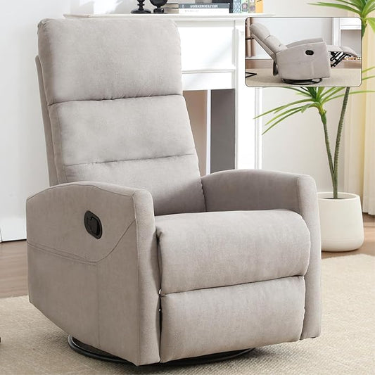 Swivel Rocking Recliner Chair Upholstered Glider Rocker with Adjustable Backrest and Footrest Modern Rocking Chair for Adults with 2 Pockets for Nursery Lounge Bedroom Living Room (Khaki)