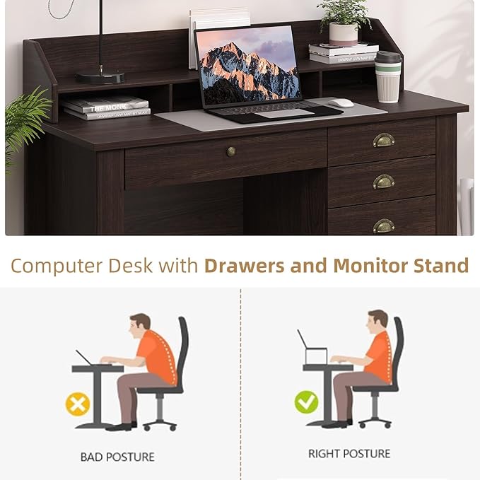 4 EVER WINNER Small Desk with Drawers Office Desk with File Drawer and Monitor Stand Writing Desk Study Table for Small Spaces Espresso