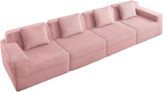 153.5 Boneless Sectional Couch for Living RoomCorduroy Cloud Sofa with Deep Seats and Wide Armrests Memory Foam Sofa 4 Seater Pink Sofa for Apartments