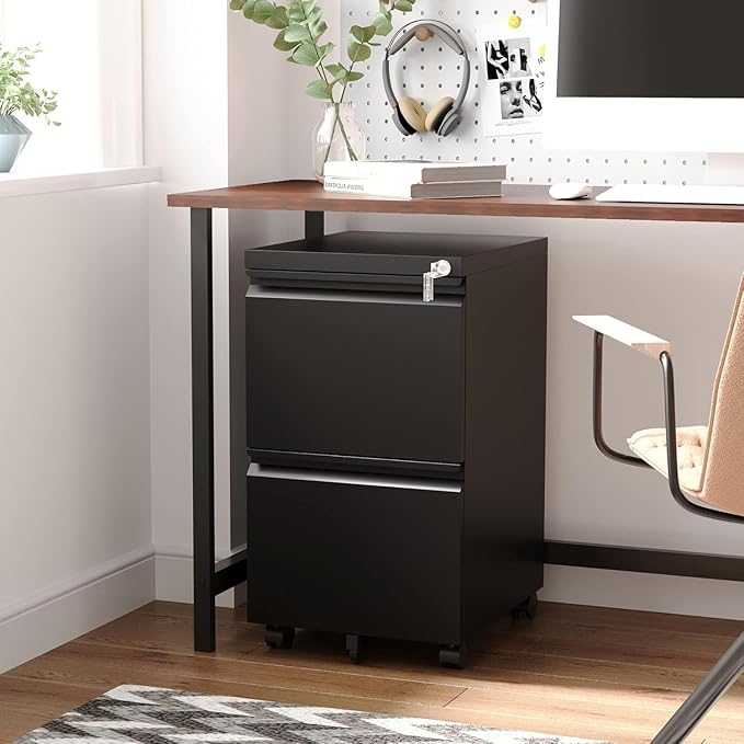 Letaya 2 Drawer Mobile File Cabinet with Lock Under Desk Metal Rolling Filing Cabinets for Home Office Organizer Letters/Legal/A4 (Black- Requires Installation)