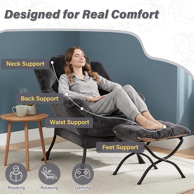 Plush Lazy Chair and Ottoman Large Dark Grey Contemporary Accent Chair with Side Pocket Modern Leisure Upholstered Reading Armchair with Footrest for Office Bedroom Living Room Balcony
