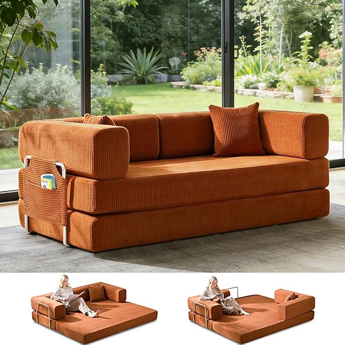 Folding Sofa Bed Convertable Corduroy Couch King Size Floor Sleeper 4-in-1 DIY Combination Modular Sofa Fold Out Futon Lounge Comfy Foldable Lazy cama for Living Room