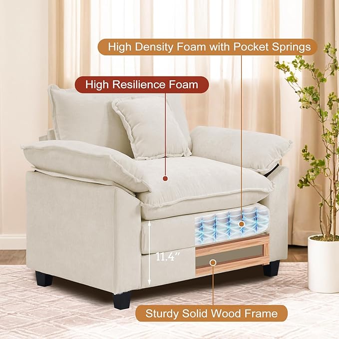 Furniliving 46‘’ Oversized Chair with Ottoman Luxury Chenille Single Sofa Upholstered Deep Seat Chaise Lounge with Pillows for Living Room Bedroom Apartment Beige