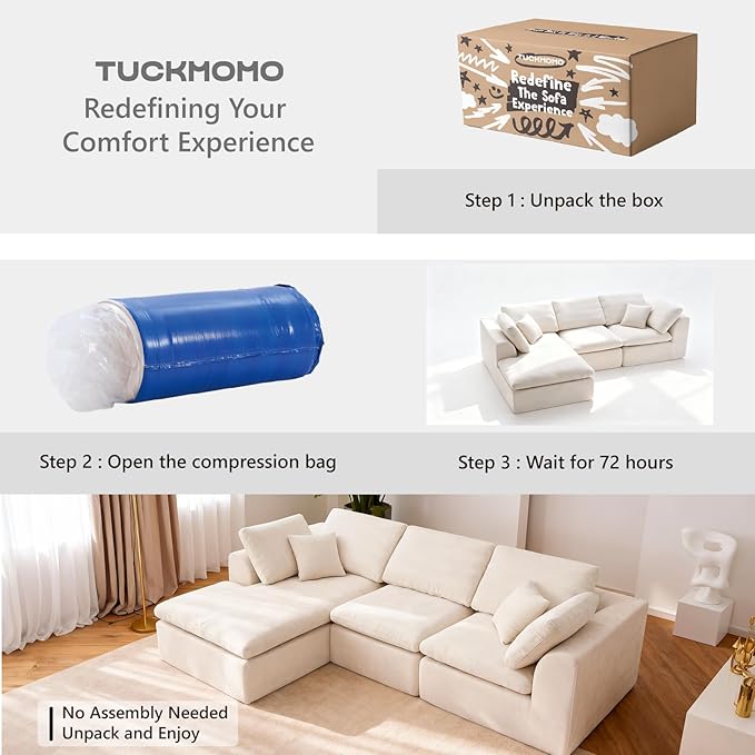 110 Convertibl L Shaped Sectional Couch for Living Room 3-Seater Modular Cloud Couch Sofa with High-Resilience Memory Foam No Assembly Required Warm White Left Facing Chaise